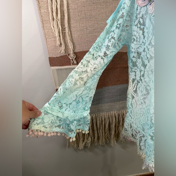 Antica Sartoria by giacomo cinque Aqua Lace Boho Embroidered Coachella Blouse M - Picture 3 of 8